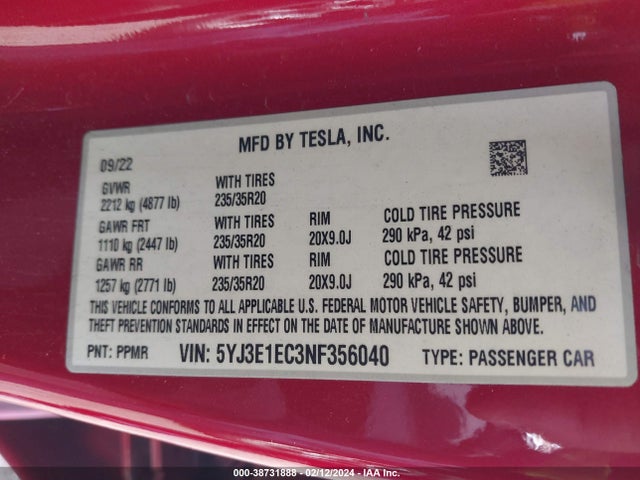 5YJ3E1EC3NF356040 Tesla Model 3 Performance Dual Motor All-wheel Drive