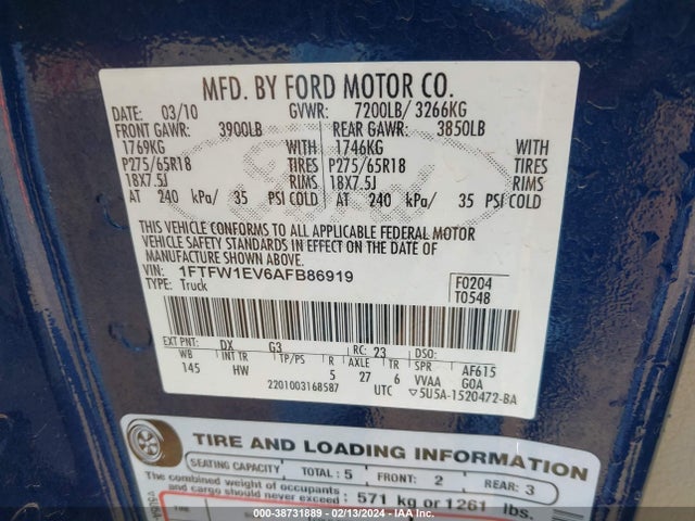 2010 FORD F-150 FX4/HARLEY-DAVIDSON/LARIAT/XL/XLT VIN: 1FTFW1EV6AFB86919