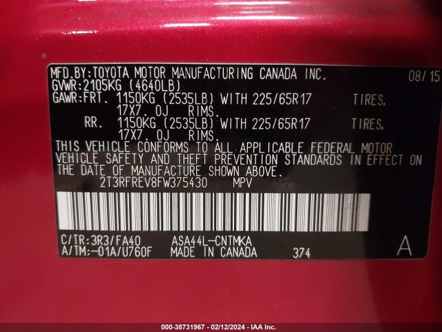 Toyota Rav4 Xle 2015 2T3RFREV8FW375430 Image 9