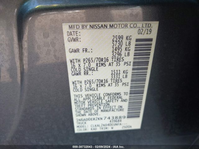 1N6AD0ER2KN743889 Nissan Frontier Sv
