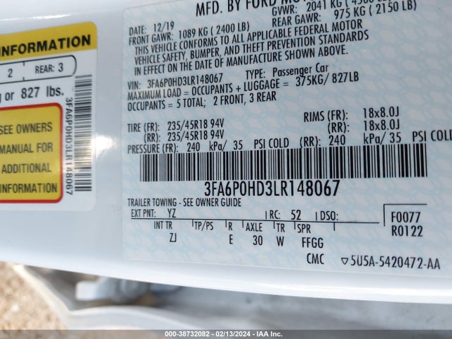 Ford FUSION SE 2020 3FA6P0HD3LR148067 Image 9
