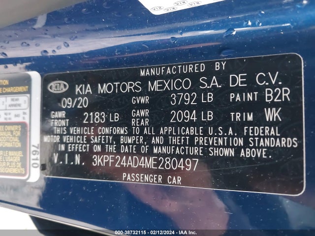 2021 KIA FORTE LXS VIN: 3KPF24AD4ME280497