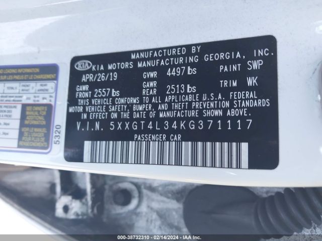 5XXGT4L34KG371117 KIA Optima S