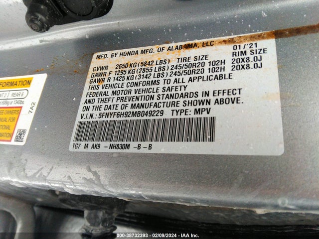 Honda Pilot Awd Touring 8 Passenger 2021 5FNYF6H92MB049229 Image 9