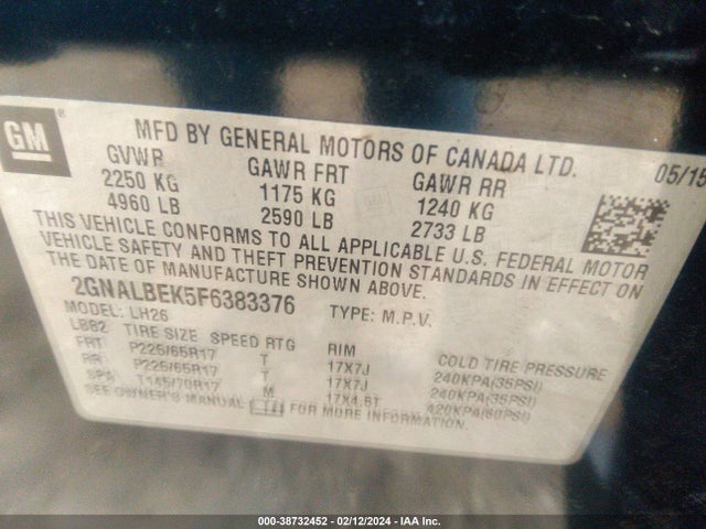 Chevrolet EQUINOX 1LT 2015 2GNALBEK5F6383376 Image 9