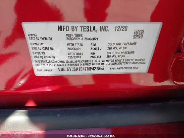 Tesla Model S Performance Dual Motor All-wheel Drive 2021 5YJSA1E47MF427898 Image 9