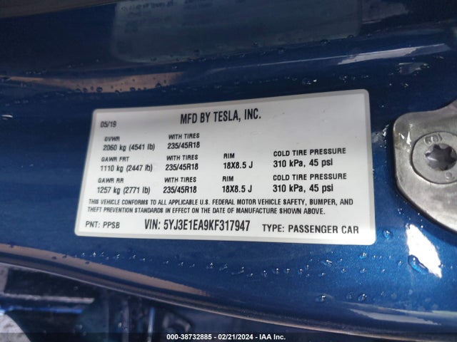 Tesla Model 3 Long Range/mid Range/standard Range/standard Range Plus 2019 5YJ3E1EA9KF317947 Image 9