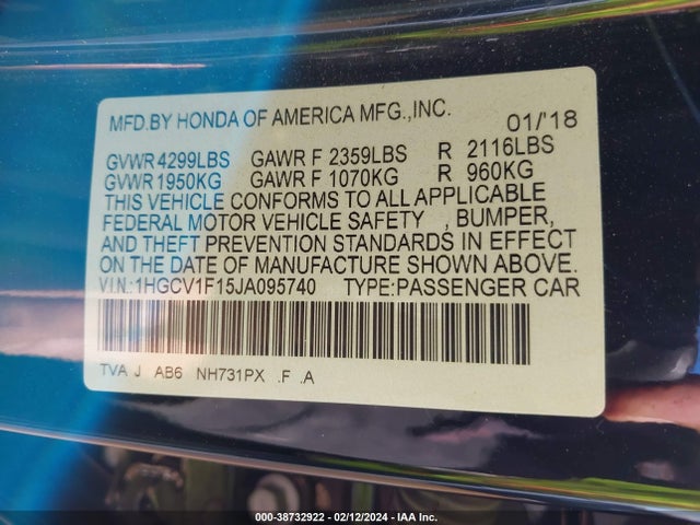 Honda ACCORD LX 2018 1HGCV1F15JA095740 Image 9