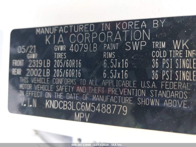 KNDCB3LC6M5488779 KIA NIRO LX