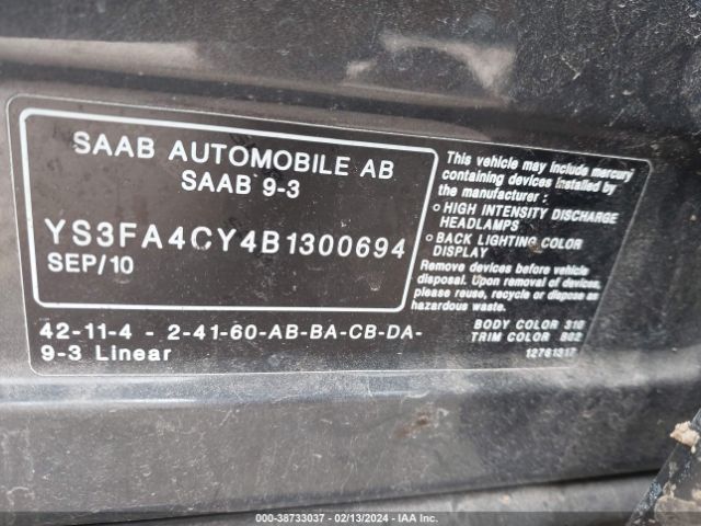 2011 SAAB 9-3 YS3FA4CY4B1300694 Photo 8