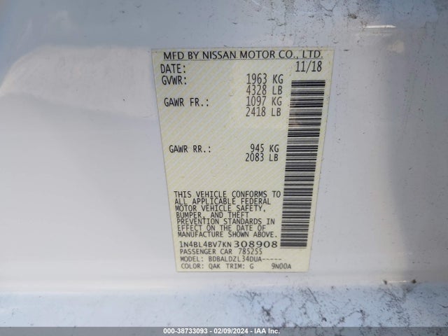 Nissan Altima 2.5 S 2019 1N4BL4BV7KN308908 Image 9
