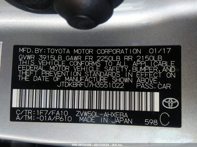 2017 TOYOTA PRIUS TWO VIN: JTDKBRFU7H3551022