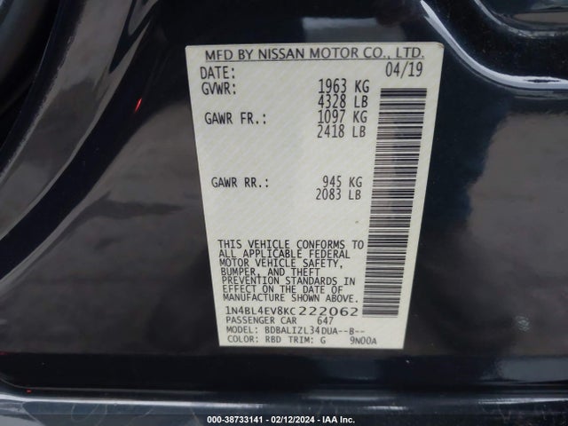 Nissan Altima 2.5 Sl 2019 1N4BL4EV8KC222062 Image 9