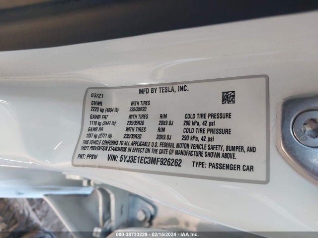 5YJ3E1EC3MF926262 Tesla Model 3 Performance Dual Motor All-wheel Drive
