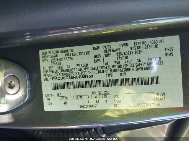 Ford ESCAPE SE 2022 1FMCU0G68NUB68959 Image 9