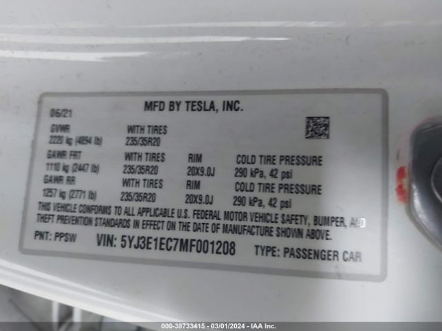 2021 TESLA MODEL 3 5YJ3E1EC7MF001208 Photo 8