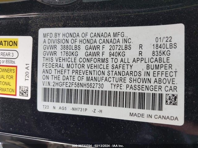 Honda Civic Sport 2022 2HGFE2F58NH562730 Image 9