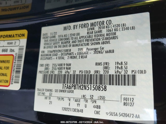 Ford Mustang Ecoboost Fastback 2022 1FA6P8TH2N5150858 Image 9