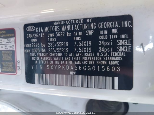 5XYPKDA56GG015603 KIA Sorento 3.3l Sx