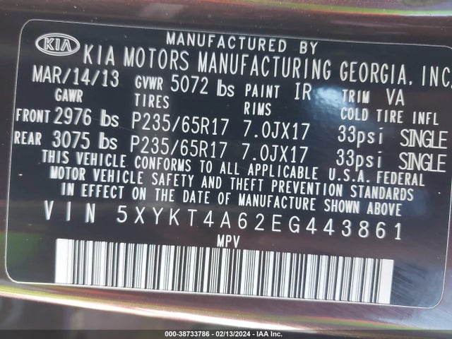KIA SORENTO LX 2014 5XYKT4A62EG443861 Image 9