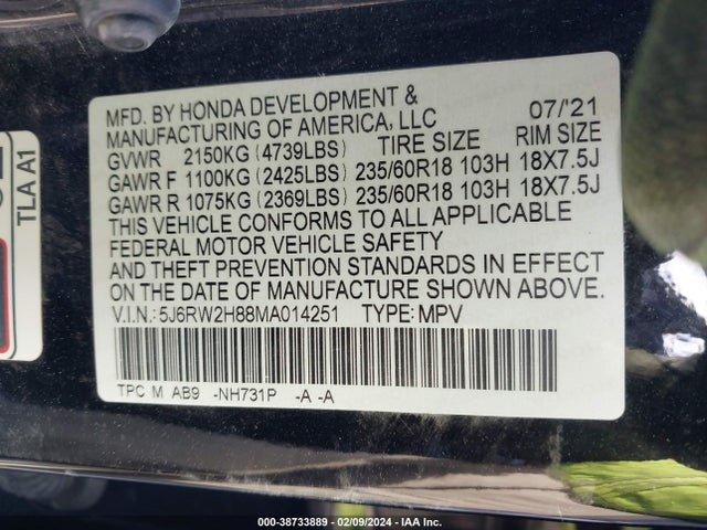 Honda Cr-v Awd Ex-l 2021 5J6RW2H88MA014251 Image 9