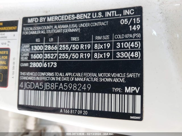 2015 MERCEDES-BENZ ML 350 VIN: 4JGDA5JB8FA598249