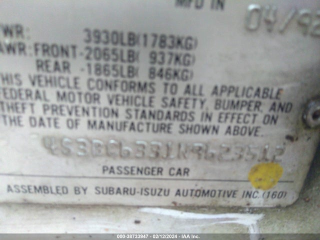 1992 SUBARU LEGACY L VIN: 4S3BC6331N9623512