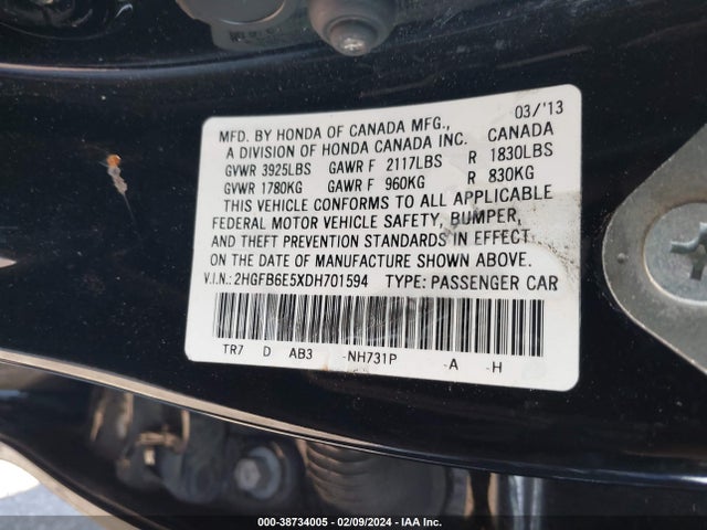2013 HONDA CIVIC SI VIN: 2HGFB6E5XDH701594