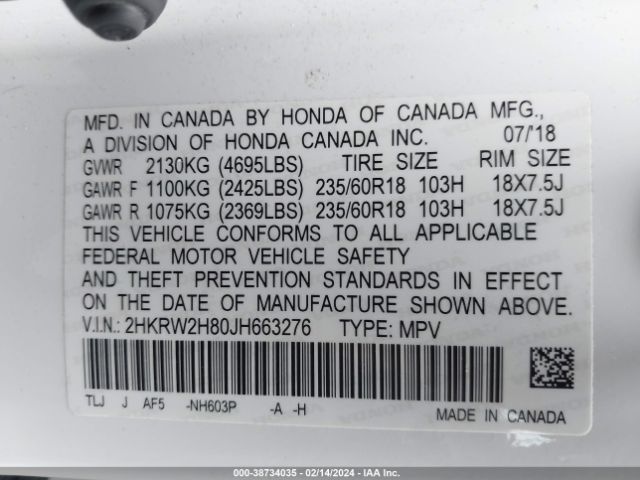 2HKRW2H80JH663276 Honda Cr-v Ex-l/ex-l Navi