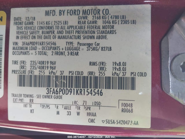 Ford Fusion Titanium 2019 3FA6P0D91KR154546 Image 9
