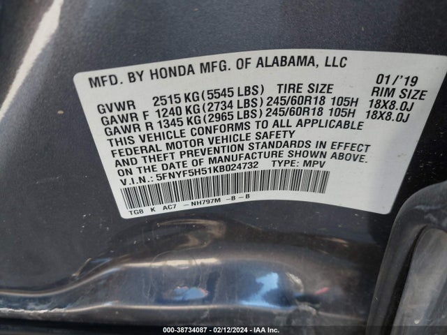 Honda Pilot Ex-l 2019 5FNYF5H51KB024732 Image 9