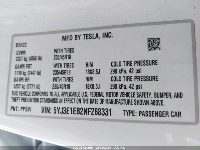 Tesla Model 3 Long Range Dual Motor All-wheel Drive 2022 5YJ3E1EB2NF268331 Image 9