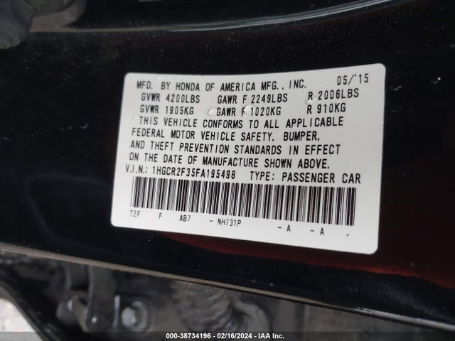 Honda ACCORD LX 2015 1HGCR2F35FA195498 Image 9
