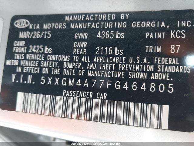KIA Optima Lx 2015 5XXGM4A77FG464805 Image 9