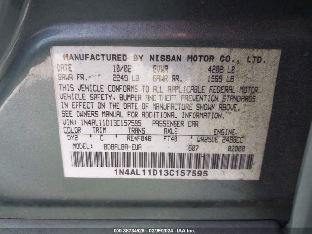2003 NISSAN ALTIMA 2.5 S VIN: 1N4AL11D13C157595