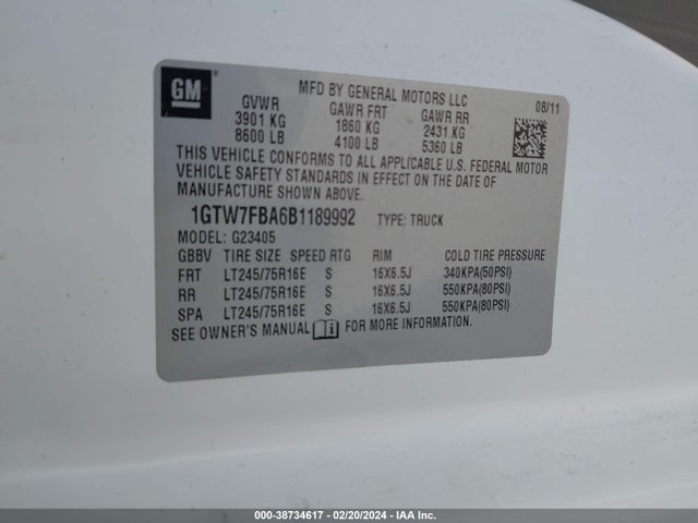 2011 GMC SAVANA 2500 WORK VAN VIN: 1GTW7FBA6B1189992