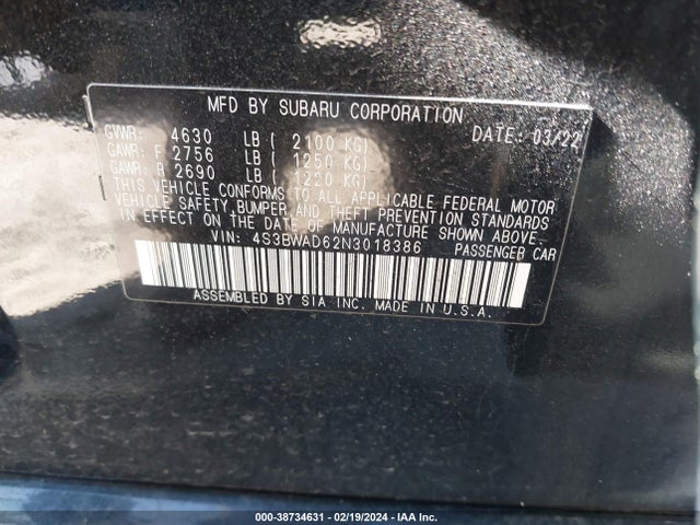 Subaru Legacy Premium 2022 4S3BWAD62N3018386 Image 9