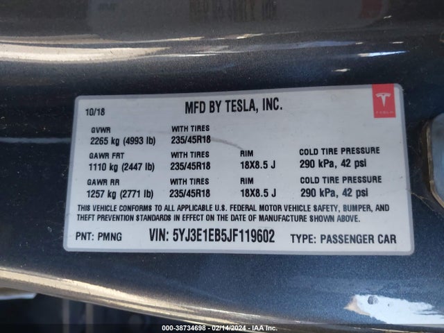 5YJ3E1EB5JF119602 Tesla Model 3 Long Range/performance