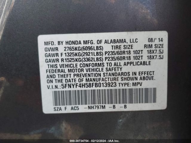 5FNYF4H58FB013923 Honda Pilot Ex-l