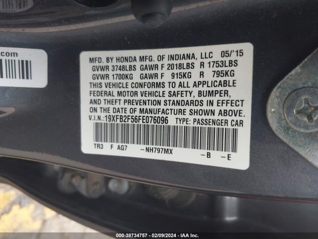 Honda Civic Lx 2015 19XFB2F56FE076096 Image 9