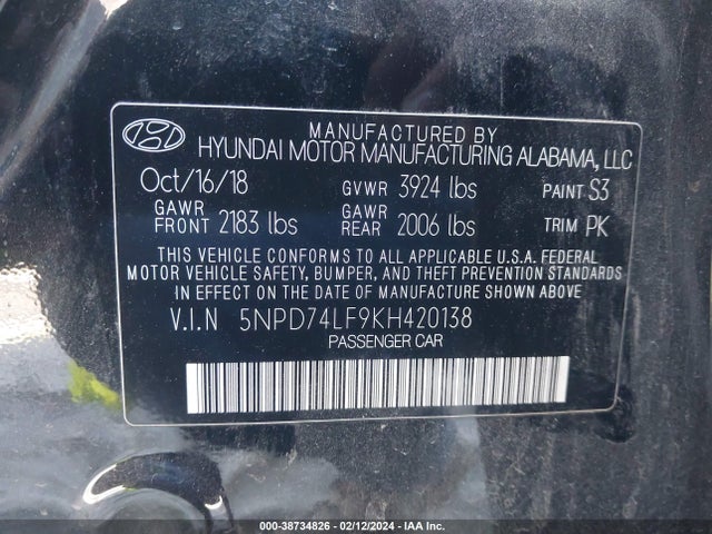 Hyundai ELANTRA SE 2019 5NPD74LF9KH420138 Image 9