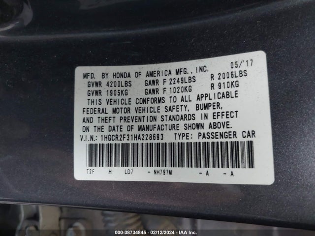 Honda ACCORD LX 2017 1HGCR2F31HA228693 Image 9