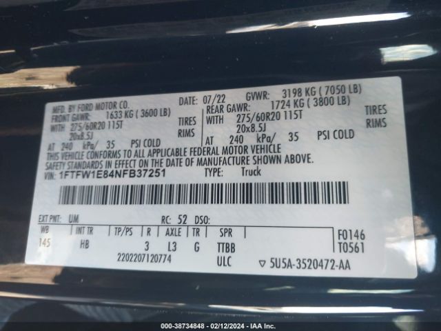 1FTFW1E84NFB37251 Ford F-150 Lariat