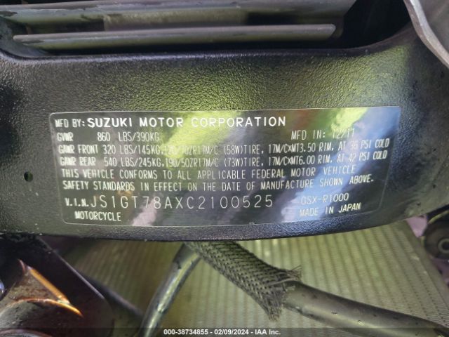 2012 SUZUKI GSX-R1000 JS1GT78AXC2100525 Photo 9