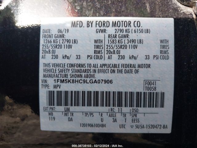 1FM5K8HC9LGA07906 Ford Explorer Platinum