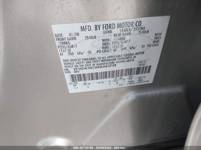 2008 FORD EDGE SE VIN: 2FMDK36C88BA63738