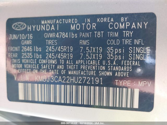 KM8J3CA22HU272191 Hyundai Tucson Limited