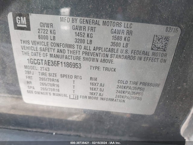 Chevrolet Colorado Wt 2015 1GCGTAE36F1186953 Image 9