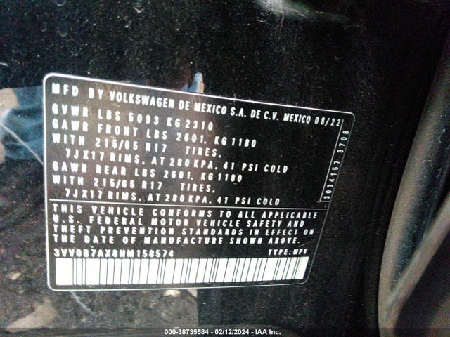 3VV0B7AX8NM158574 Volkswagen Tiguan 2.0t S