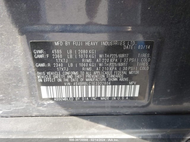 Subaru Outback 2.5i Limited 2014 4S4BRBLC1E3302804 Image 9